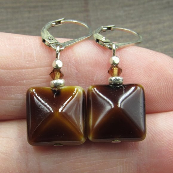 Jewelry - Sterling Silver Unique Shape Brown Glass Earrings Vintage